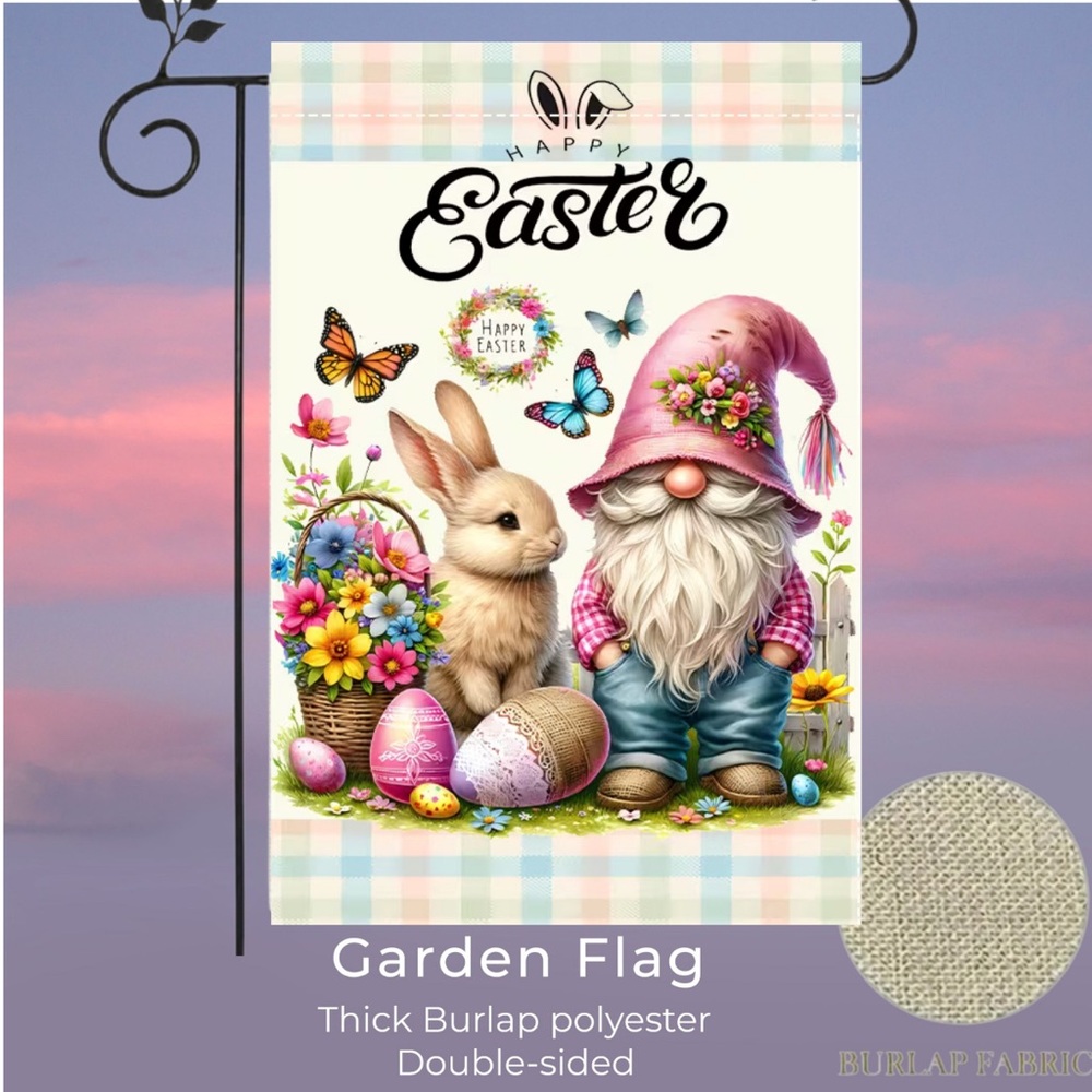 Garden flag, 12” x 18”, happy Easter gnome, thick burlap polyester double-sided